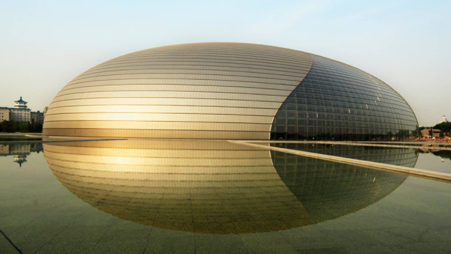 Exterior of Beijing National Centre for the Performing arts gold egg-shaped building