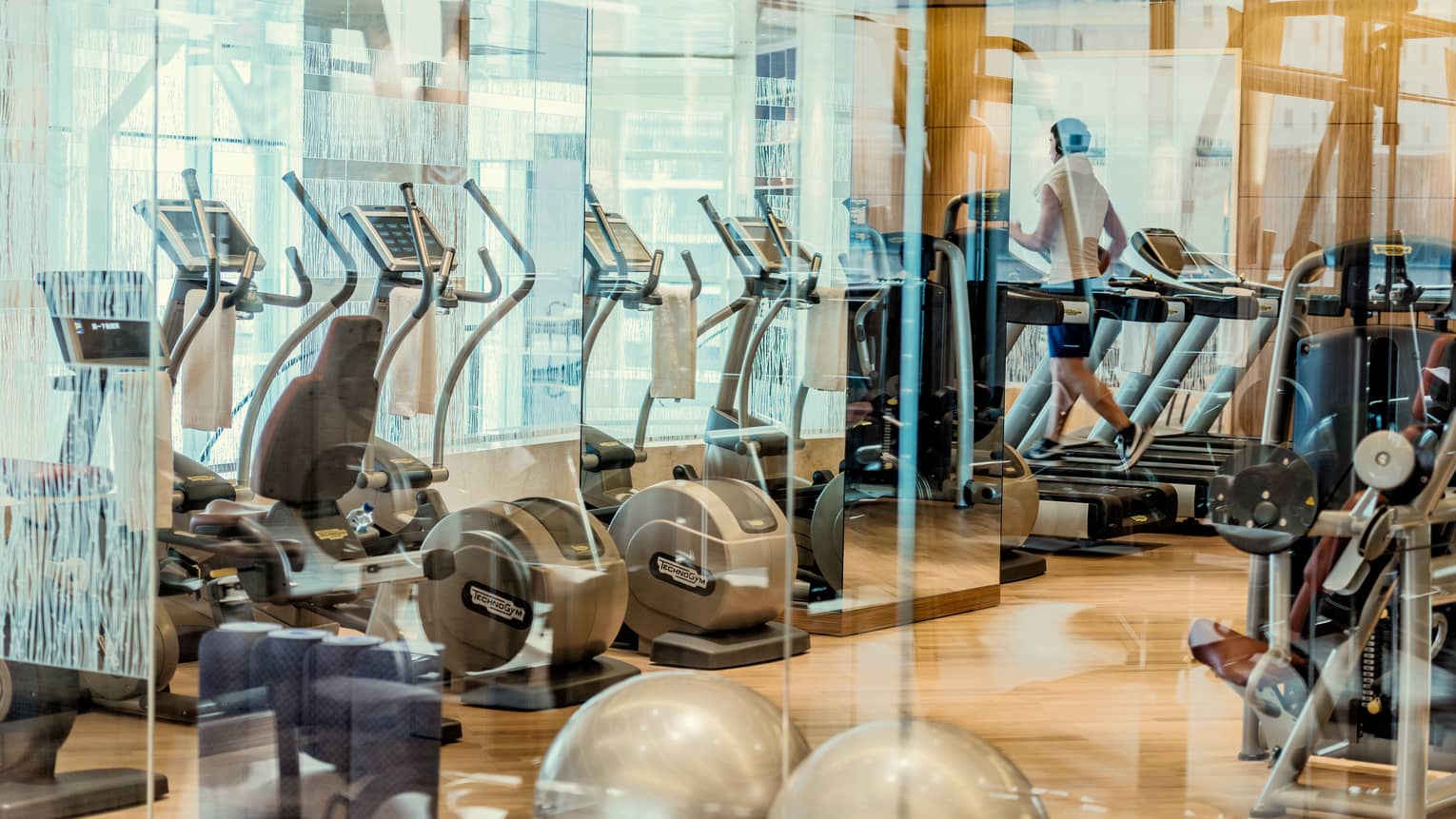 Rows of cardio machines, glass partitions in fitness centre Health Club